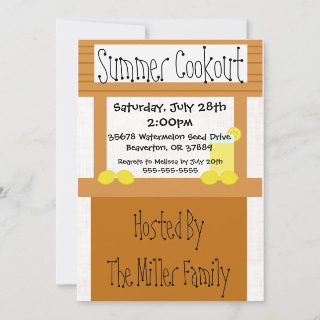 Cute Lemonade Stand Summer BBQ Cookout Invitation (Front)