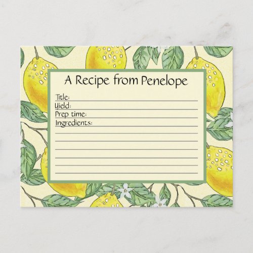 Cute Lemons Pattern and Name Write on Recipe Card