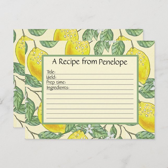 Cute Lemons Pattern and Name Write on Recipe Card (Front/Back)