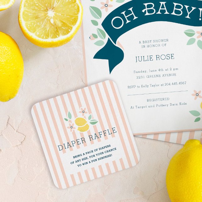 Cute Lemons Pink Stripes Botanical Diaper Raffle Enclosure Card (Cute Lemon Yellow Botanical Bold Baby Shower Pink Stripes enclosure card)