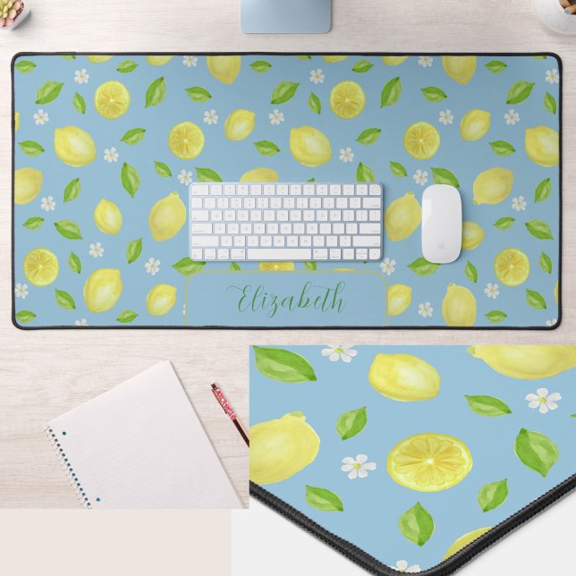 Cute Lemons Watercolor Dark Teal Large Desk Mat (Creator Uploaded)