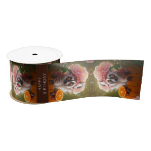 Cute lemur and orange Summer paradise custom text Satin Ribbon