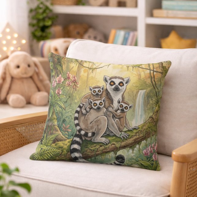 Cute Lemur Mama And Babies Jungle Animals  Throw Pillow (Creator Uploaded)