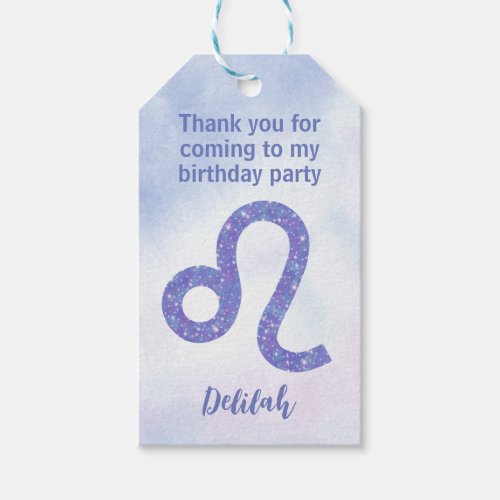 Cute Leo Astrology Custom Purple Birthday Party Gift Tags