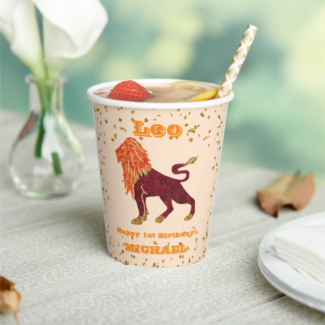 Cute Leo First Birthday & Gold Confetti Paper Cups (Insitu)