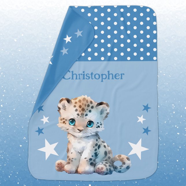 Cute leopard add name polka dots stars blue baby blanket (Creator Uploaded)