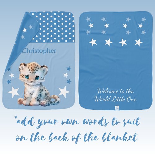 Cute leopard add name polka dots stars blue baby blanket