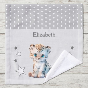 Cute leopard add name polka dots stars grey wash cloth