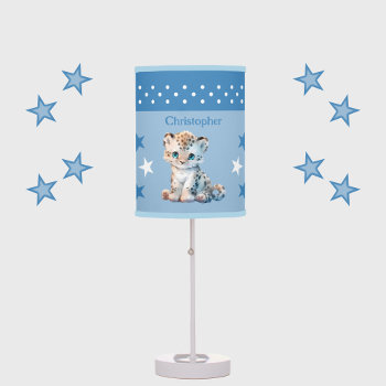 Cute Leopard Add Name Stars Blue Table Lamp by LynnroseDesigns at Zazzle
