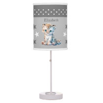 Cute leopard add name stars grey table lamp