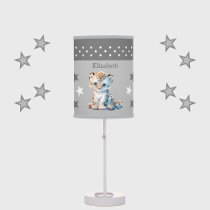 Cute leopard add name stars grey table lamp