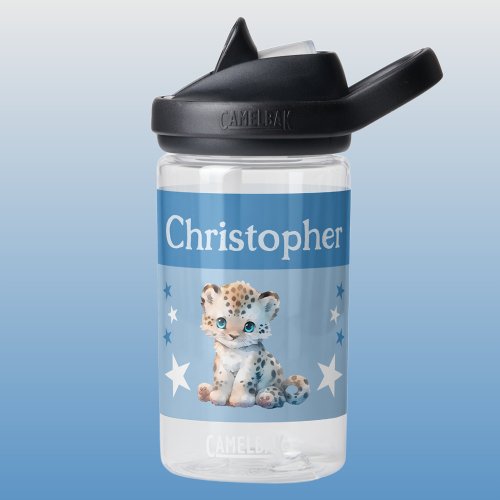 Cute leopard add name with stars kids blue water bottle