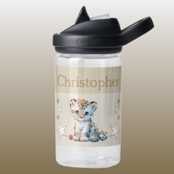 Cute Leopard Add Name With Stars Kids Brown Water Bottle by LynnroseDesigns at Zazzle