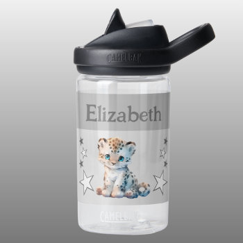 Cute Leopard Add Name With Stars Kids Grey Water Bottle by LynnroseDesigns at Zazzle
