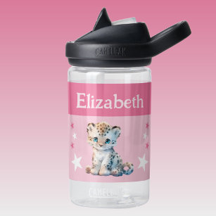Cute leopard add name with stars kids pink water bottle