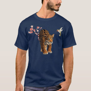 Cute Leopard And Hummingbird Cherry Blossom Flower T-Shirt