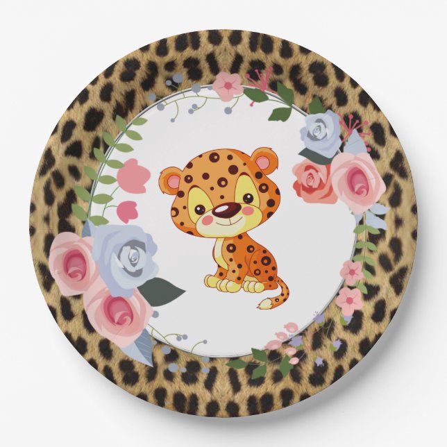 Cute Leopard Animal Print Baby Shower Paper Plates (Front)