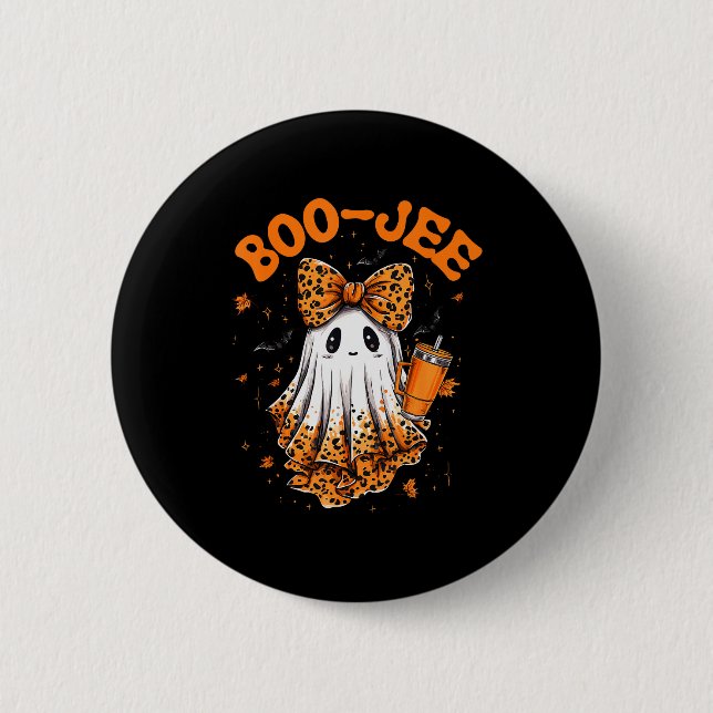 Cute Leopard Boo Jee Ghost Coffee Halloween Costum Button (Front)