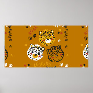 Cute Leopard Cat Face Drawing. Little Funny Cheeta Poster