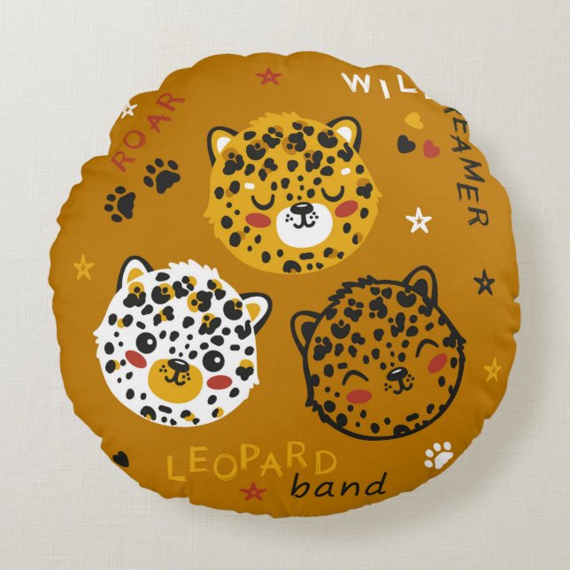 Cute Leopard Cat Face Drawing. Little Funny Cheeta Round Pillow (Front)