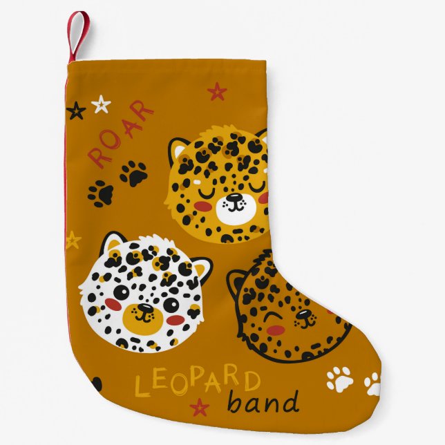 Cute Leopard Cat Face Drawing. Little Funny Cheeta Small Christmas Stocking (Front)