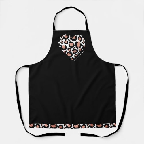 Cute Leopard Cheetah Pattern Heart Name Apron