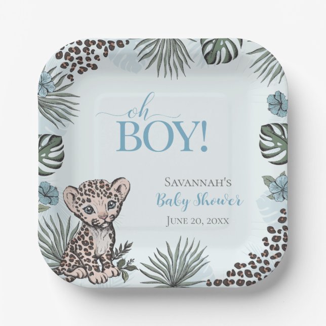 Cute Leopard Cub Blue Baby Shower Paper Plates (Front)