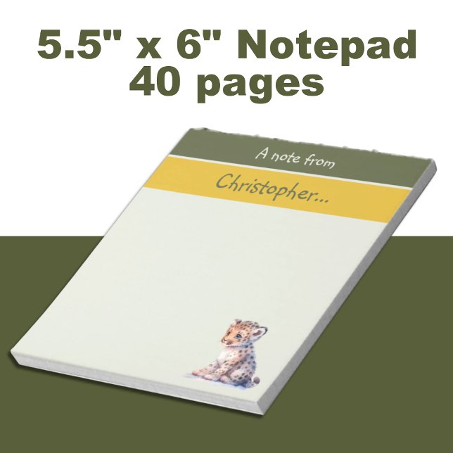 Cute leopard custom name green kids notepad (Creator Uploaded)