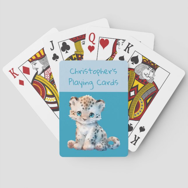 Cute leopard dark and light blue kids poker cards (Back)