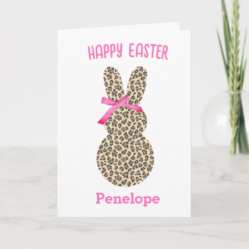 Cute Leopard Easter Bunny Pink Bow Card
