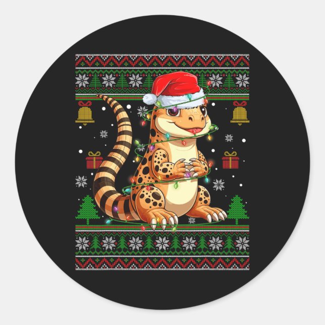 Cute Leopard Gecko Santa Hat Ugly Christmas Sweate Classic Round Sticker (Front)