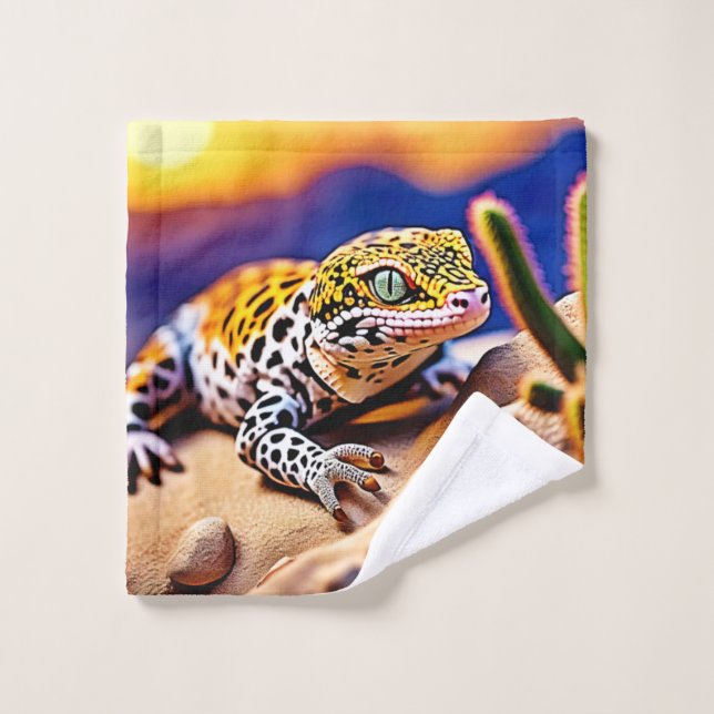Cute Leopard Gecko Sunset Desert Design Bath Towel Set (Wash Cloth)