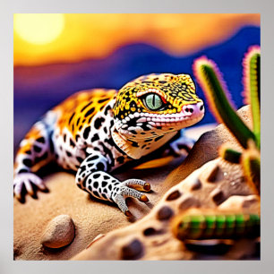 Cute Leopard Gecko Sunset Desert Design Poster