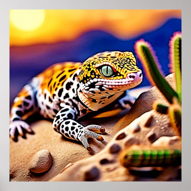Cute Leopard Gecko Sunset Desert Design Poster (Front)