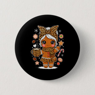 Cute Leopard Gingerbread Girl Coquette Bow Holiday Button