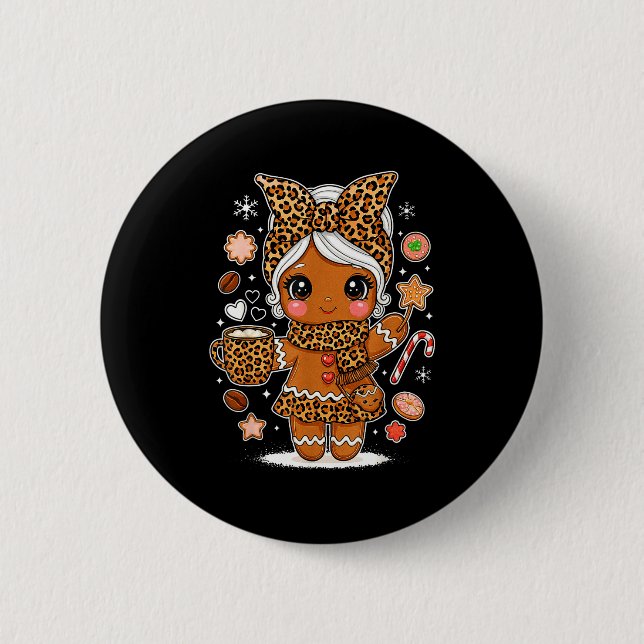 Cute Leopard Gingerbread Girl Coquette Bow Holiday Button (Front)