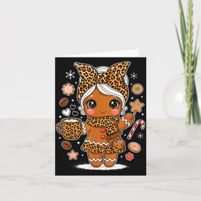 Cute Leopard Gingerbread Girl Coquette Bow Holiday Card (Front)