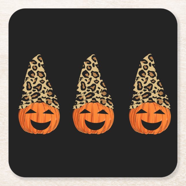 Cute Leopard Hat Pumpkins Square Paper Coaster (Front)