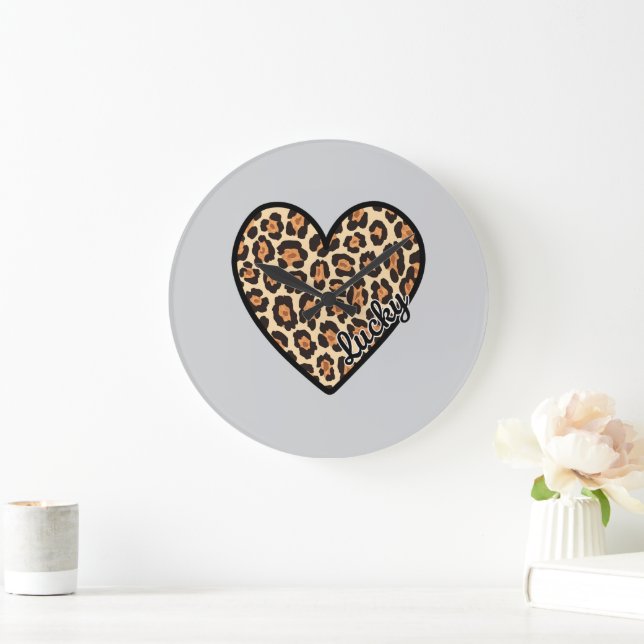 Cute Leopard Heart Valentine's Day gift Large Clock (Home)