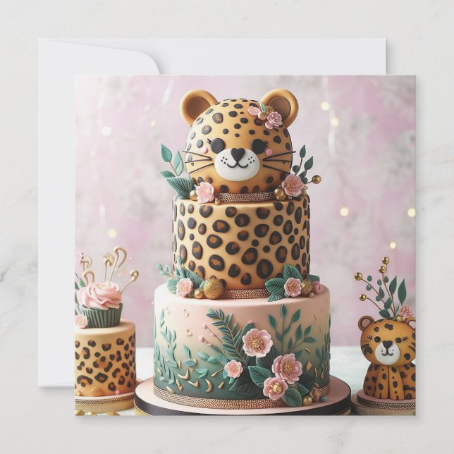 CUTE LEOPARD KIDS BIRTHDAY CAKE CARD (Front)