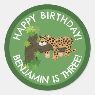 Cute leopard personalized cartoon birthday classic round sticker