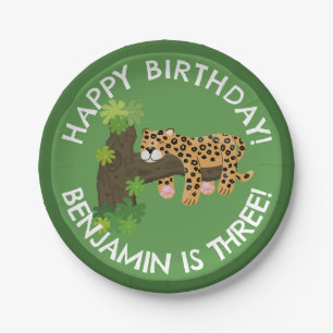 Cute leopard personalized cartoon birthday paper plates