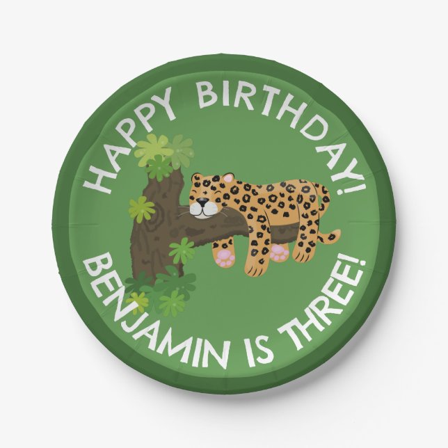 Cute leopard personalized cartoon birthday paper plates (Front)