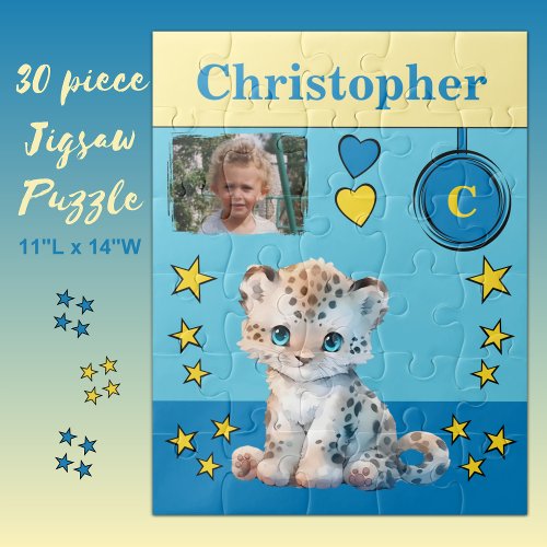 Cute leopard photo name blue yellow kids jigsaw puzzle