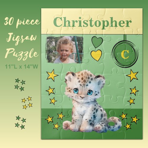 Cute leopard photo name green yellow kids jigsaw puzzle