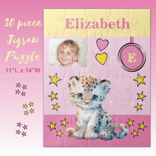 Cute leopard photo name pink yellow kids jigsaw puzzle