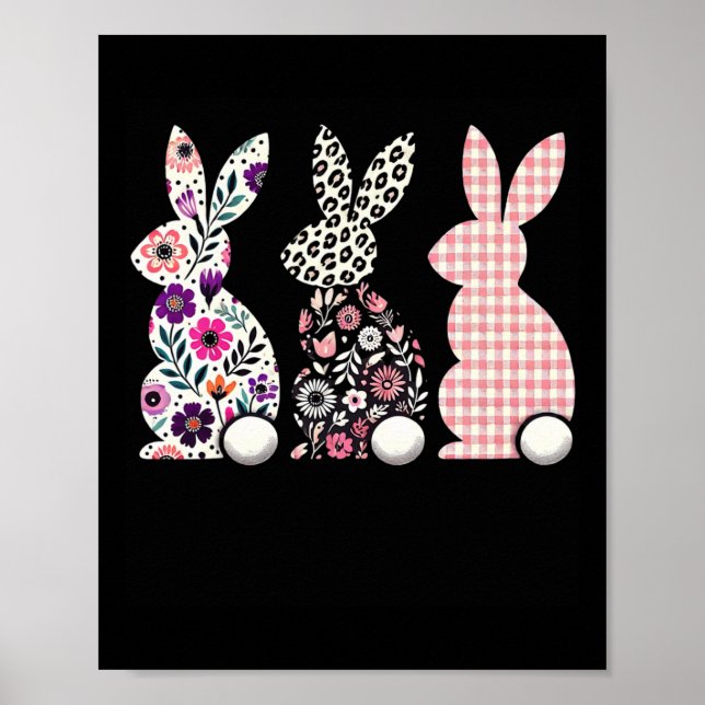 Cute Leopard Plaid Flower Floral Happy Easter Bunn Poster (Front)