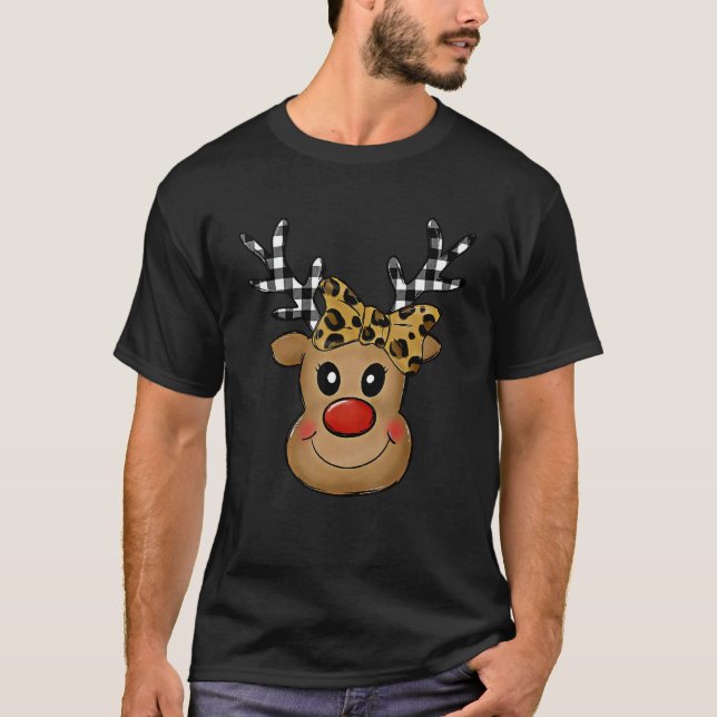 Cute Leopard Plaid Reindeer Christmas  For Kids Gi T-Shirt (Front)