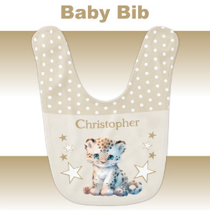 Cute leopard polka dots stars add name brown baby bib