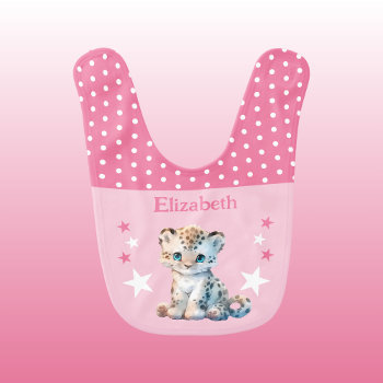 Cute Leopard Polka Dots Stars Add Name Pink Baby Bib by LynnroseDesigns at Zazzle